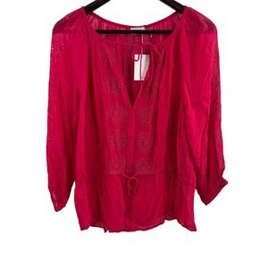 Ecru Pink Eyelet Embroidered Long Sleeve Blouse Size Small New